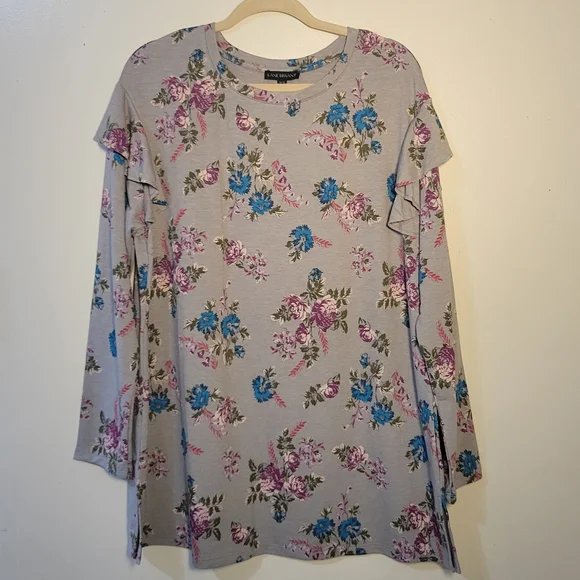 Lane Bryant (Women's 14/16) Floral Long Sleeve Ruffle Long-line Tunic Top - Picture 3 of 7